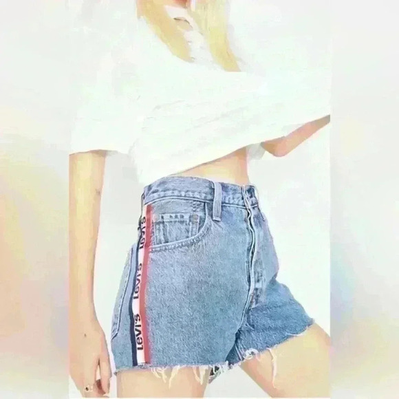 Levi's 501 High Rise Logo Stripe Sport Tape Shorts Jean Denim Shorts size 26 - Picture 1 of 13